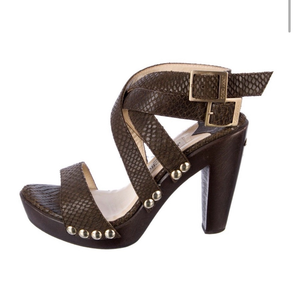 Jimmy Choo Unity Embossed Strappy Wooden Sandals - Size 35 (5)